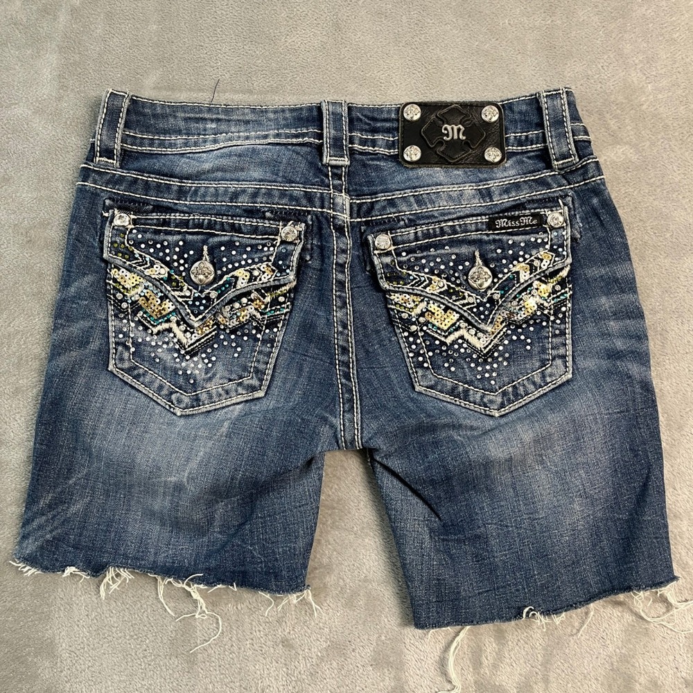 Miss Me Embellished Sequin Denim Shorts Cut Off Distressed Blue 27 Western